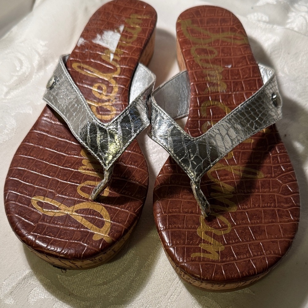 Sam Edelman Silver and Brown Croc-Embossed Sandals